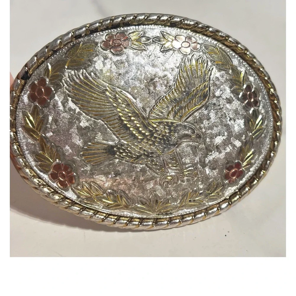 Vintage Western Eagle Floral Belt Buckle Tri-Tone Gold Silver Rose Made in USA